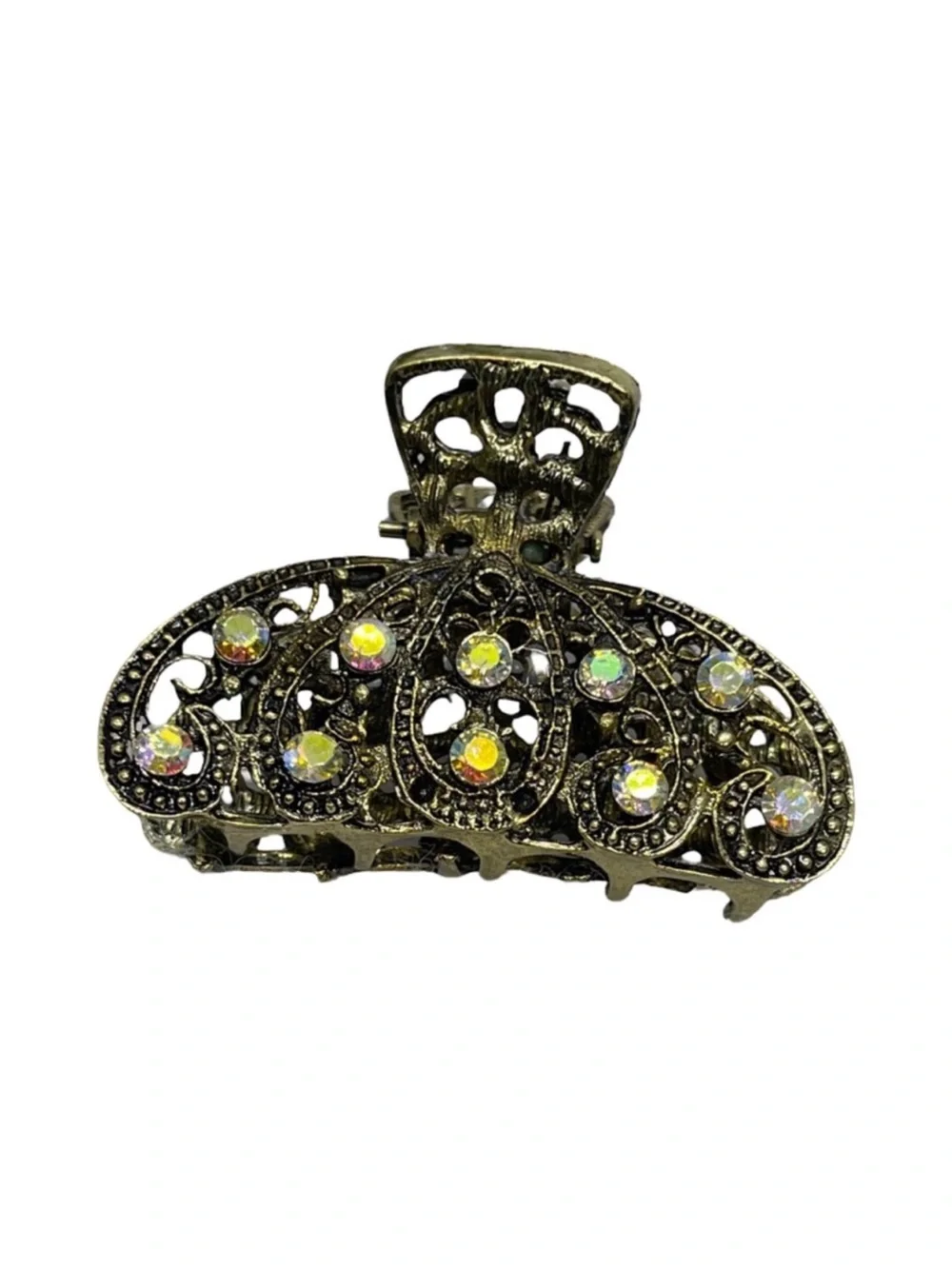 Antique Brass Filigree Rhinestone Hair Claw Clip Iridescent FINAL PRICE DROP